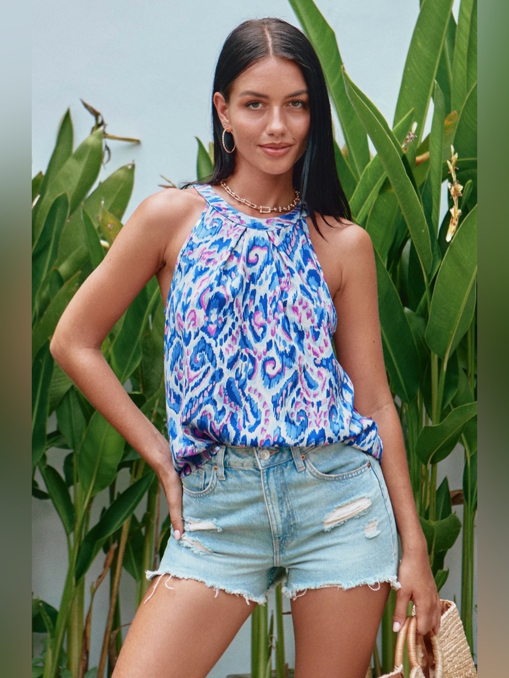 Cupshe • Women’s Boho Vibrant Blue Pink Ikat Print Halter Sleeveless Tank Blouse - Picture 2 of 6
